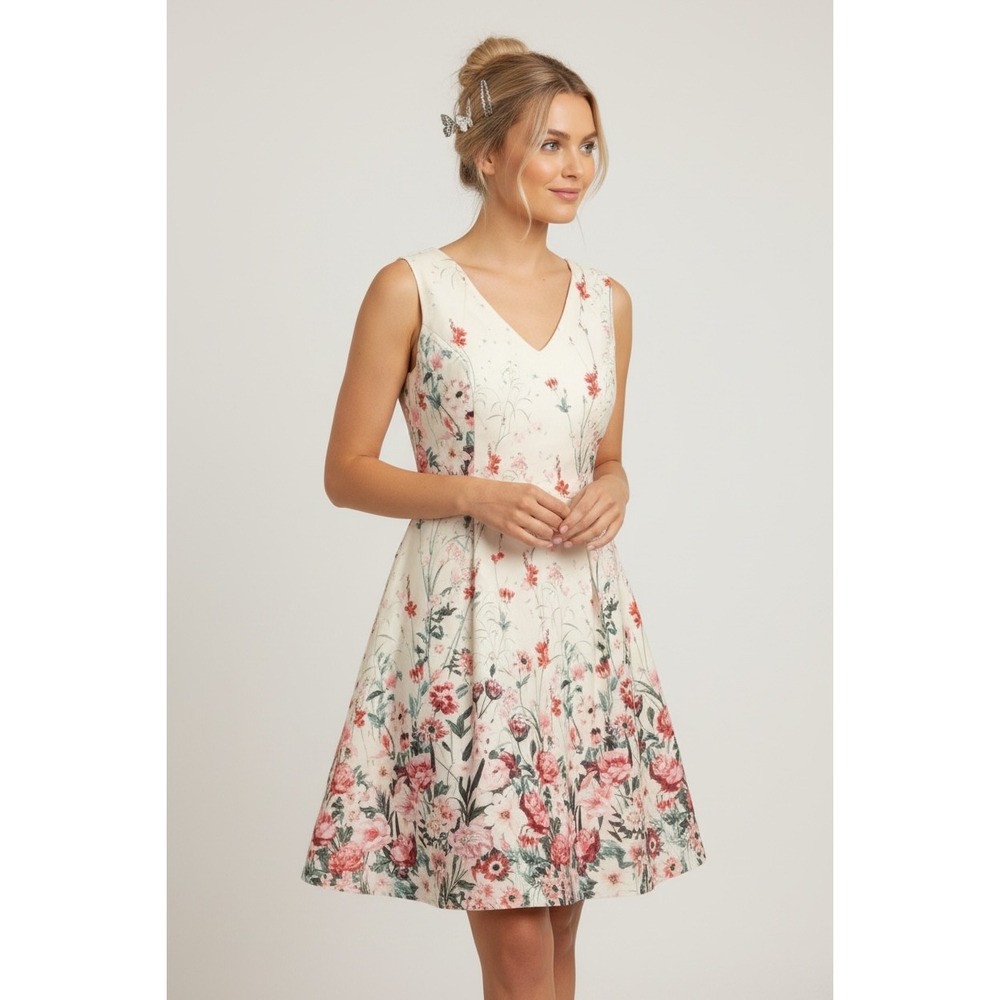 KUT from the Kloth Floral Fit and Flare Dress Size 8 Cream Pink Botanical